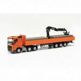 Herpa 316088 Volvo FH FD 2020 flat bed semitrailer with loading crane 3a 3a, orange