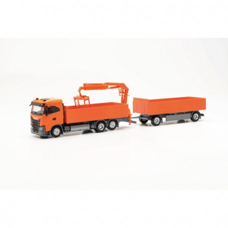 Herpa 316217 Iveco S-Way ND flat bed trailer truck, orange