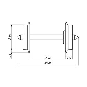 Roco 40177 Hjulaxel, 2 st, DC, 10 mm hjuldiameter, axellängd 24,8 mm, hjuldiameter