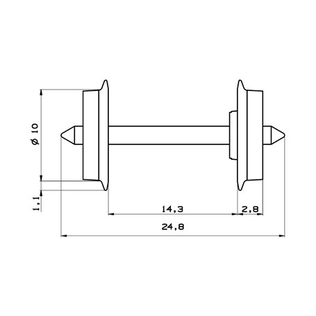 Roco 40177 Hjulaxel, 2 st, DC, 10 mm hjuldiameter, axellängd 24,8 mm, hjuldiameter
