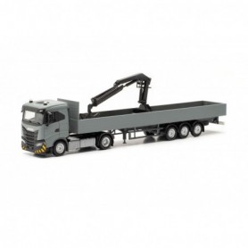 Herpa 316415 Iveco S-Way ND flat bed semitrailer with crane, grey yellow