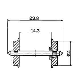 Roco 40182 Hjulaxel, 2 st, isolerad på ena sidan, 11 mm hjuldiameter, förlängd axel 23,8 mm