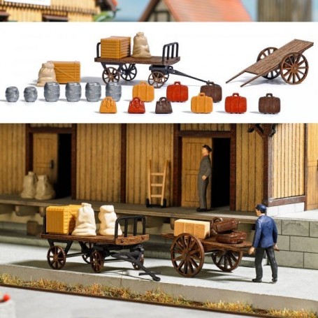 Busch 1625 2 Wooden Baggage Carts with Accessories
