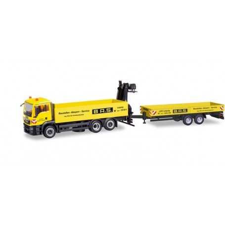 Herpa 310840 MAN TGS M platform truck with deep loading trailer with loading crane "B.A.S." (Sachsen / Leipzig)