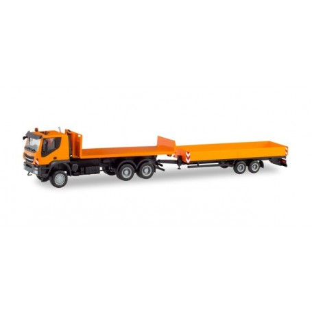 Herpa 311595 Iveco Trakker 6x6 roll-off flatbed truck with low-boy trailer