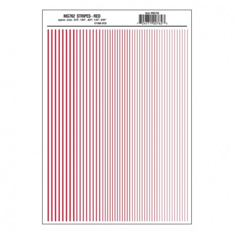 Woodland Scenics MG762 Dekalark, stripes, röd, mått .010, 1/64, .022, 1/32 & 3/64"