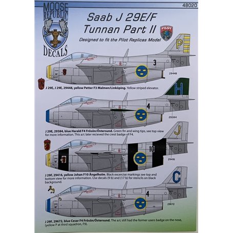 Pilot Replicas 48D020 Dekalark SAAB j 29 E/F Decals "Tunnan Part II" 1/48 scale