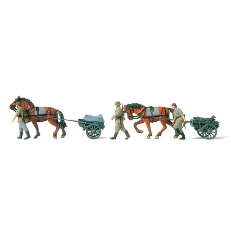 Preiser 16576 Figurer 2 ammunitionsvagnar lf.9, 2 hästar, 3 figurer, Tyska Riket 1939-45, omålade figurer