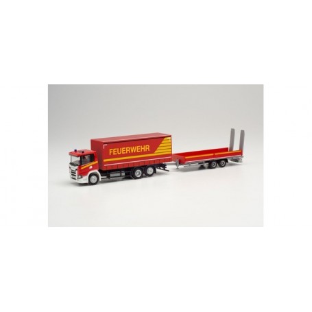 Herpa 313926 Scania CG 17 curtain canvas truck with lowbed trailer with ramps "Fire Department"