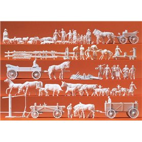 Preiser 16327 Omålade figurer, lantligt, vagnar, kossor, hästar m.m. 60 st